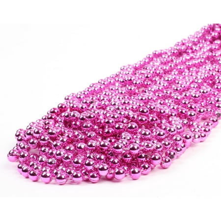 Mardi Gras Plastic Bead Necklaces for Birthday Favors and Decorations, Metallic Hot Pink Fuchsia, 24-Pack