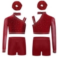 thumbnail image 3 of inlzdz Girls Ballet Jazz Hip Hop Modern Dance Outfits One Shoulder Crop Tops with Shorts Hairband Set Burgundy 8, 3 of 4