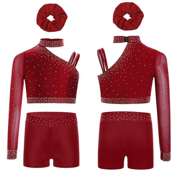 Sholeno Girls Athletic Workout Suit Gymnastics Crop Top with Shorts Hairband Dance Tumbling Outfit Burgundy 12