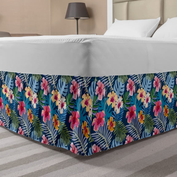 Tropical Bed Skirt, Continuous Pattern of Colorful Floral Petals and Leaves, Elastic Bedskirt Dust Ruffle Wrap Around for Bedding Decor, 4 Sizes, Night Blue Multicolor, by Ambesonne