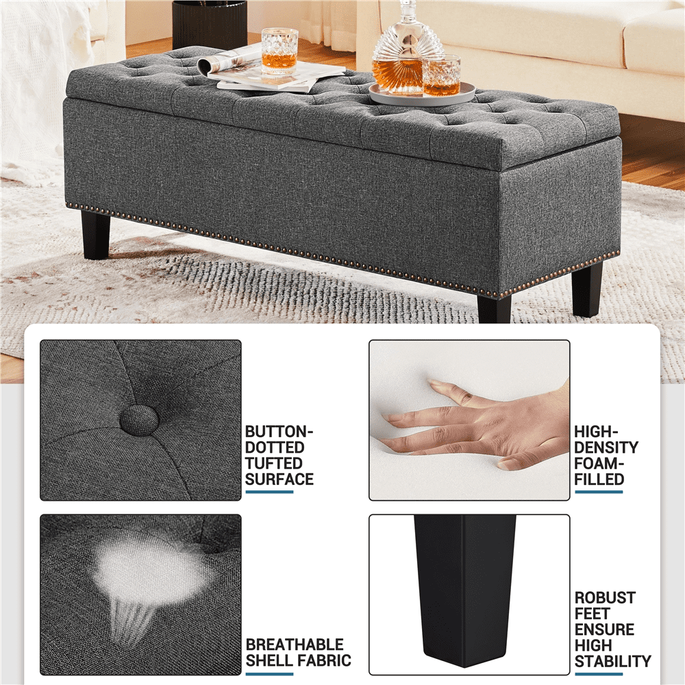 Alden Design 49in Modern Tufted Storage Bench for Entryway Bedroom, Dark Gray