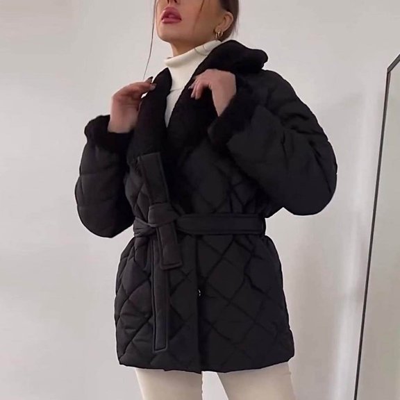 TaTaai Womens Padded Coat Long Sleeve Lapel Solid Thickened Belted Parka with Tie Waist Warm for Winter