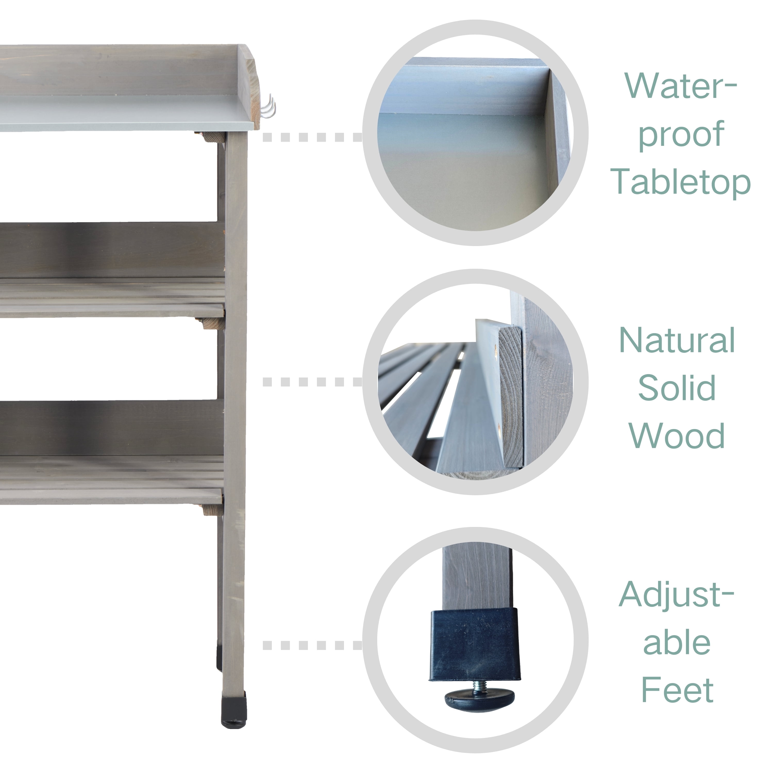 Outdoor Wooden Potting Bench Table with Metal Tabletop,3 Layers Outdoor Work Bench for Garden,Garage,Grey