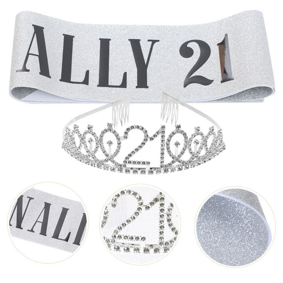 LULULION Silver Birthday Party Etiquette Belt and Tiara Set for Women's Stylish Cloth Decorations 21st Birthday