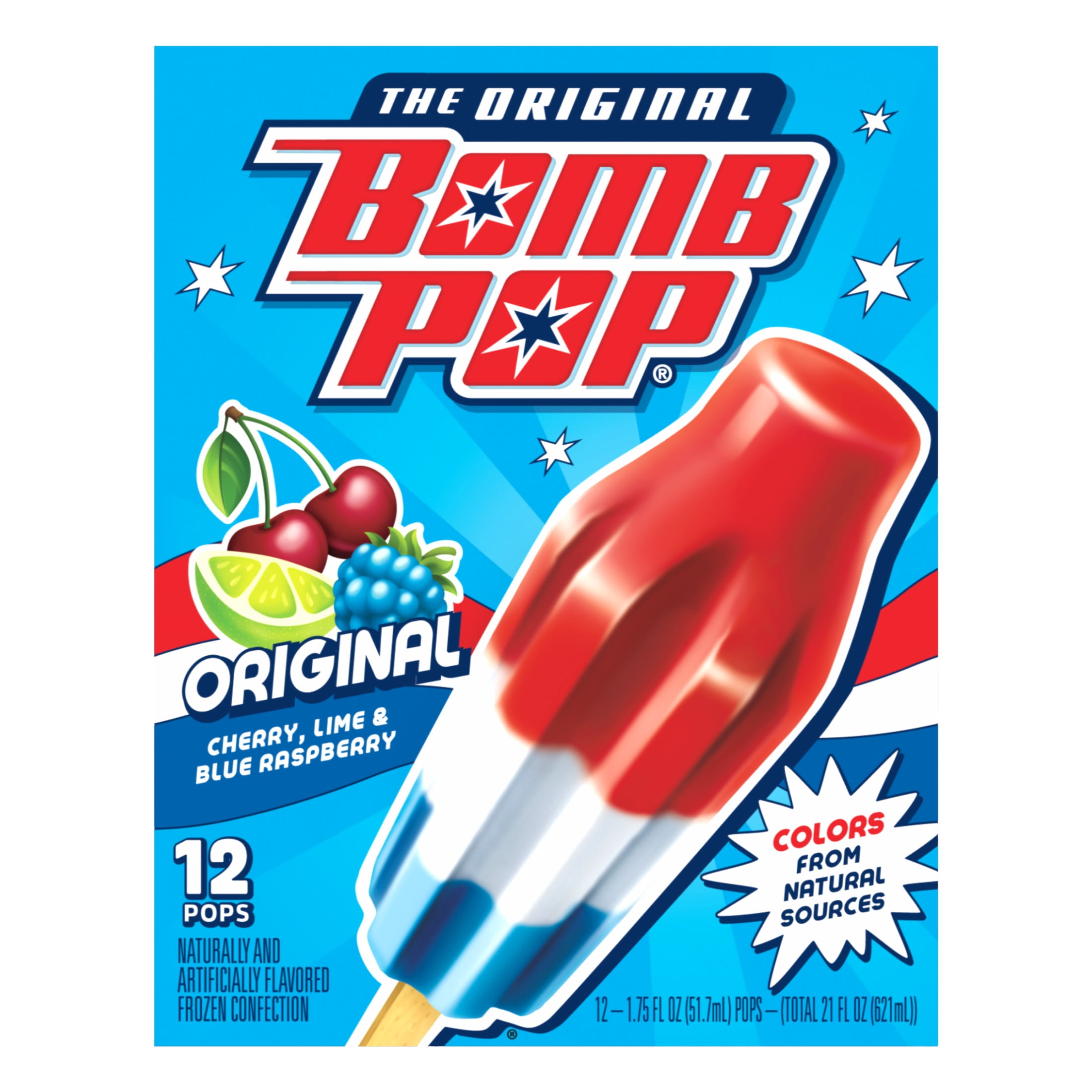Bomb Pop Original Freeze Ice Pops, Frozen Dessert, Cherry, Lime, & Blue Raspberry, 12 Pack