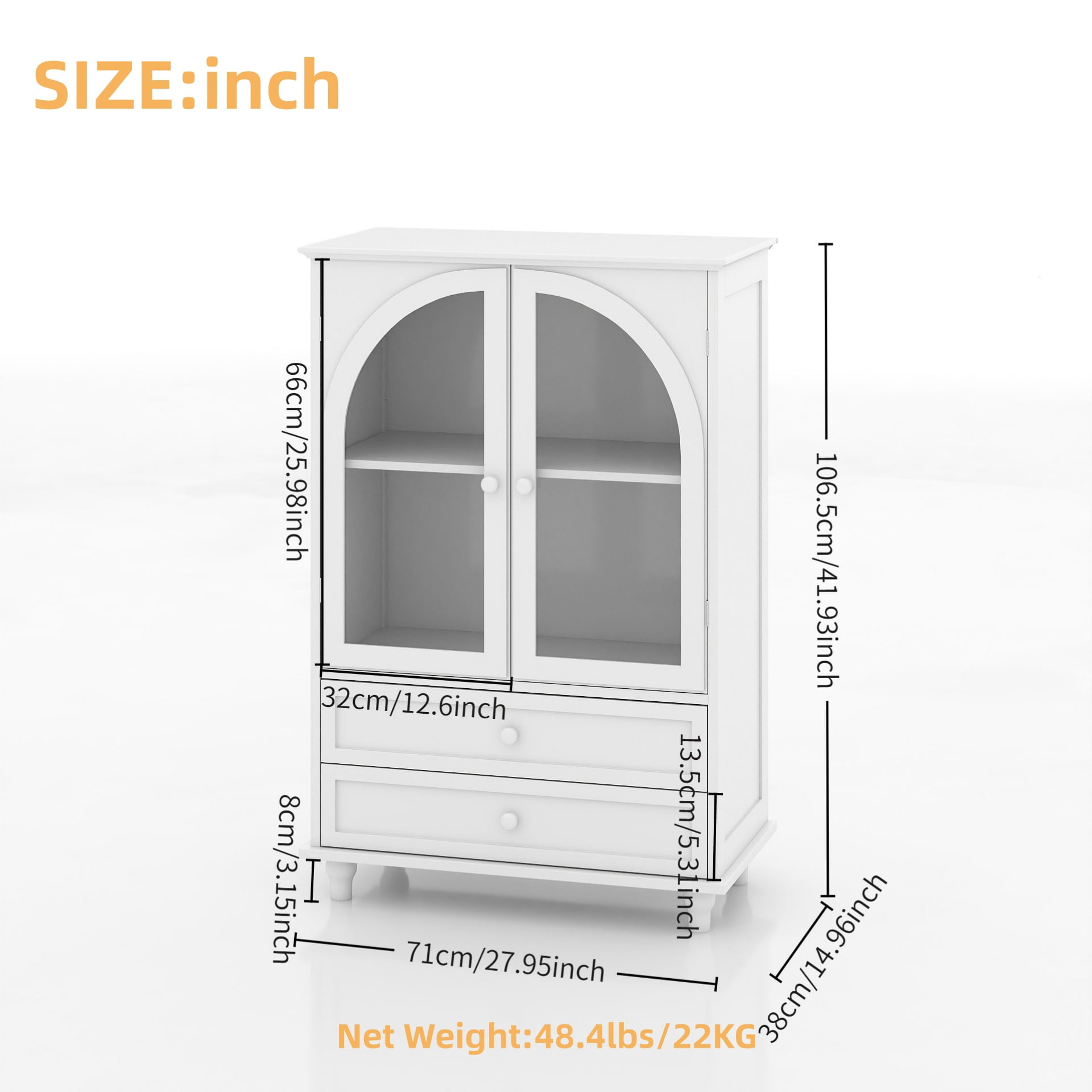 Aukfa Buffet Pantry Cabinet,Arched Glass Door Wood Sideboard Storage Cabinet for Dining Room Hallway Entryway,White