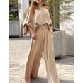 thumbnail image 4 of CHICME Womens Outfit Sets Skew Neck Lantern Sleeve Loose Tops and Zipper Fly Wide Leg Pants Two Piece Sets for Women Beige-S, 4 of 9