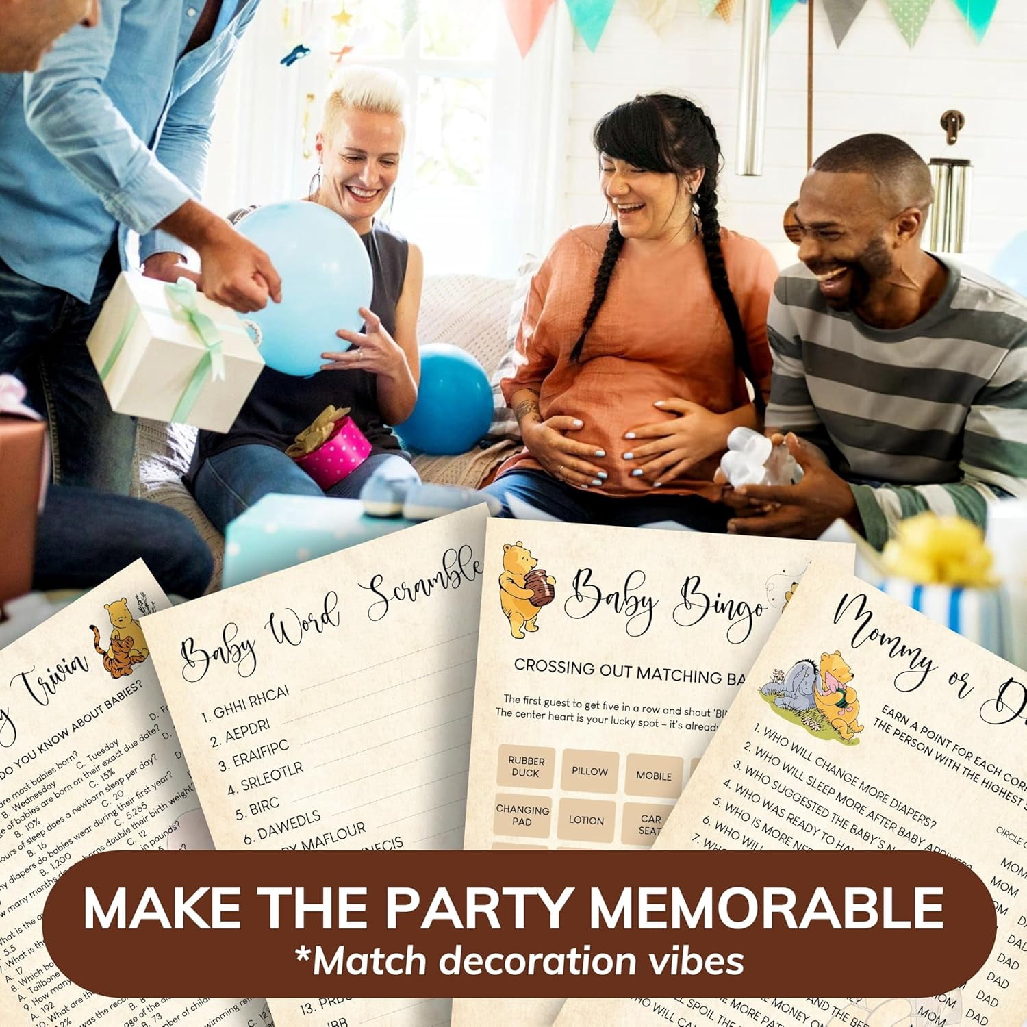 Winnie Baby Shower Games Boy - Pooh Baby Shower Bingo Cards for 25 Guests, Word Scramble Favors, Guess Who Mommy Or Daddy Game Ideas for Party Decorations