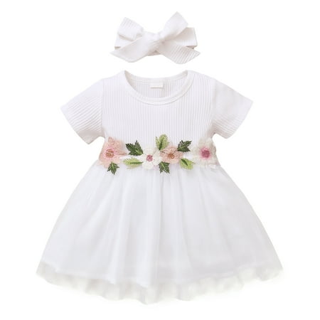 

Kucnuzki Infant Baby Girl Clothes 18 Months Summer Dress 24 Months Short Sleeve Solid Color Upper Embroidered Skirt Tulle Layer Overall Dress Headband 2PCS Set White
