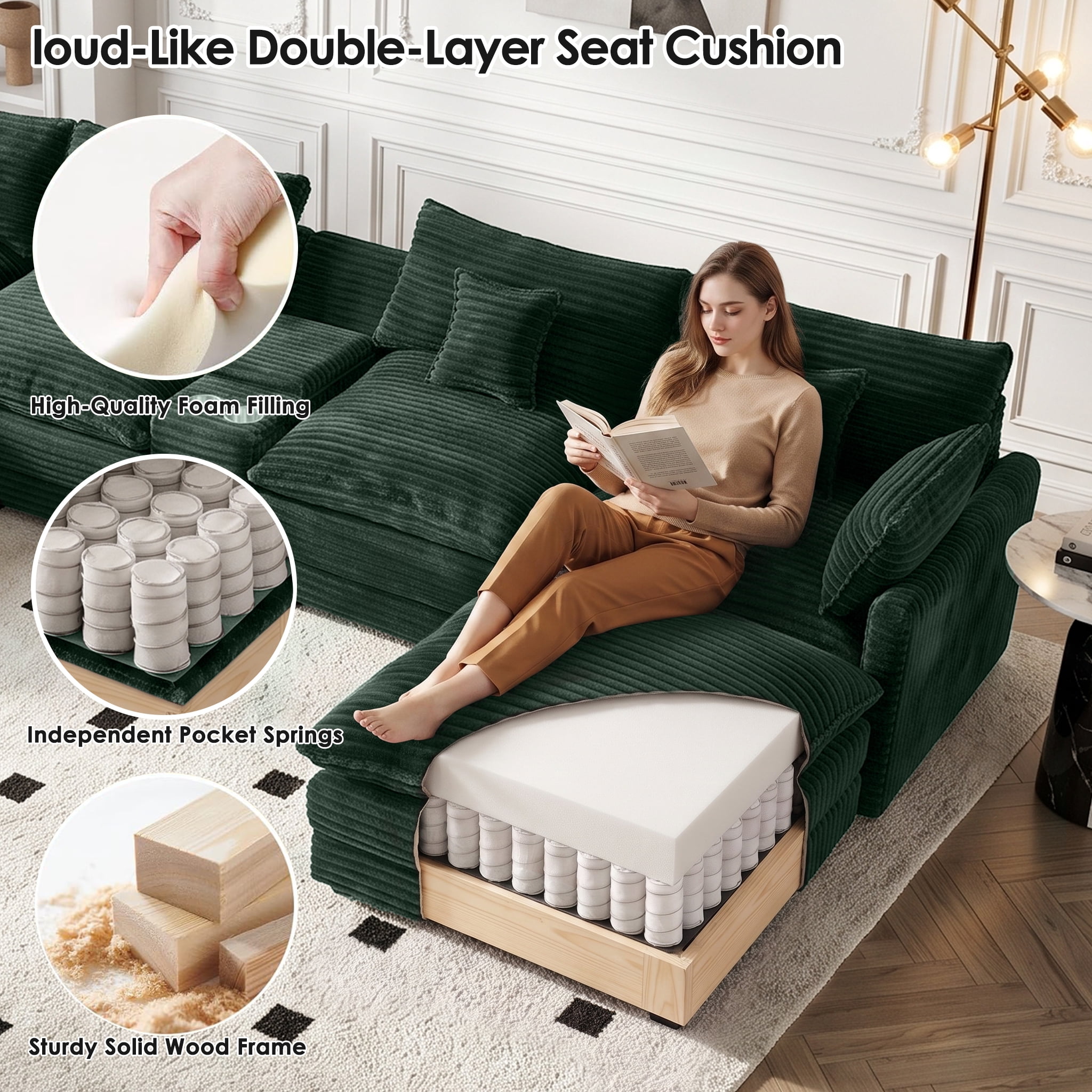 Wakefit 141" U Shaped Sectional Couch, Oversized Modular Sectional Sofa, 5 Seater Corduroy Cloud Couch with Hidden Storage, USB Ports & Cup Holders for Living Room, Green