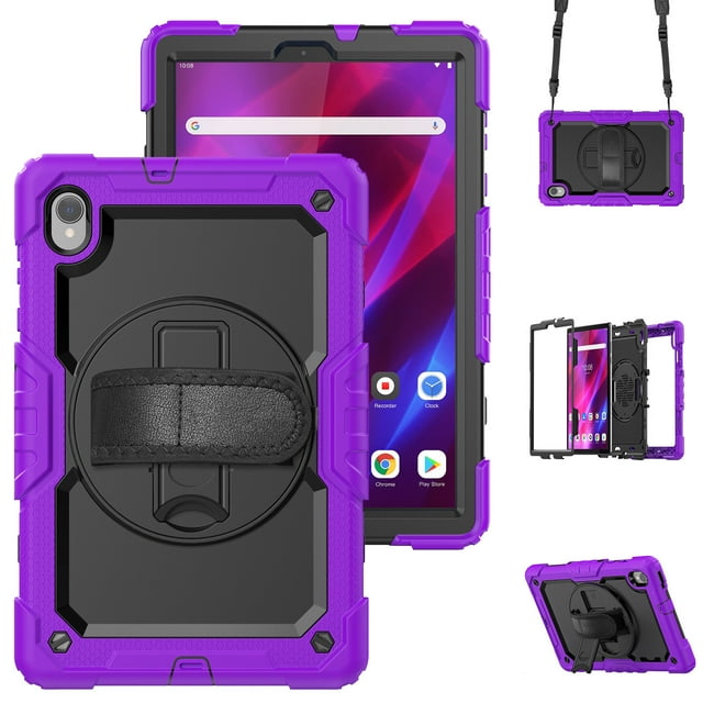 Case for Lenovo Tab K10 10.3 Inch / M10 FHD Plus 2020 2nd Gen with Screen Protector, 360 Degree Rotating Kickstand Hand Strap Heavy Duty Shockproof Cover with Shoulder Strap, Purple