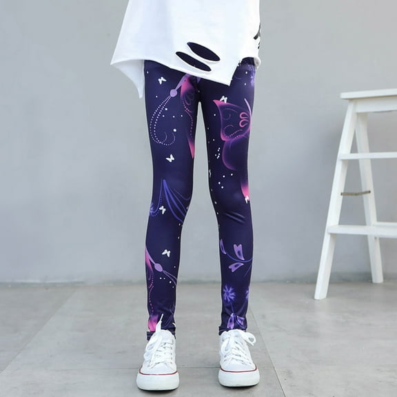 Kids Girls Ankle Length Leggings Printing Flower Classic Stretch Pants Trendy Girls Pants Purple 2-3 Years