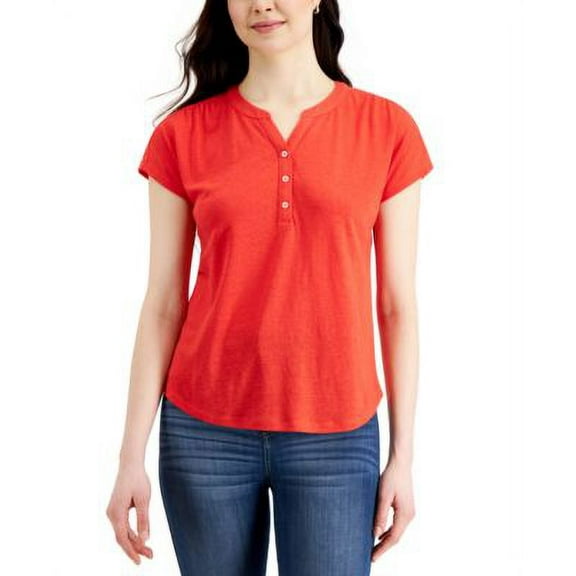 MSRP $40 Style & Co Women Dolman-Sleeve Henley T-Shirt Red Size 2XL