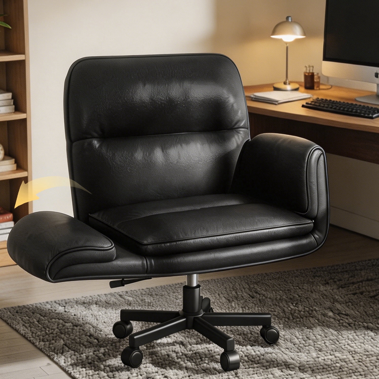 Patbrela PU Leather Office Chair, Ergonomic Criss Cross Desk Chair with Adjustable Armrests, Swivel Chair Comfy Vanity Chairs, Black