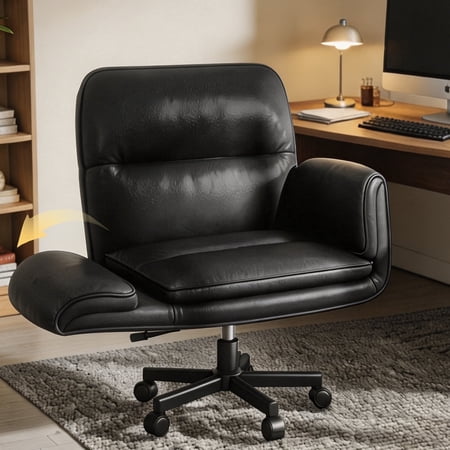 Patbrela PU Leather Office Chair, Ergonomic Criss Cross Desk Chair with Adjustable Armrests, Swivel Chair Comfy Vanity Chairs, Black