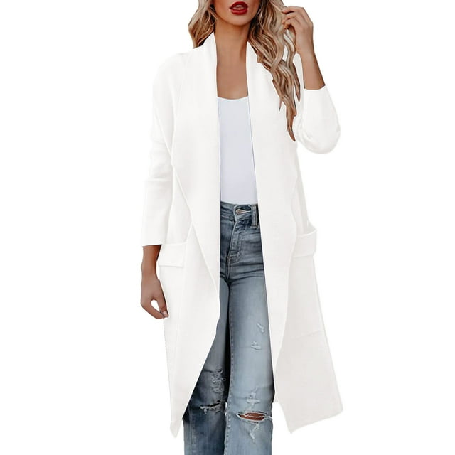 Manteau Doux pour Femmes Couleur Unie Mode Pardessus Tricoté Chaud Manteau Extérieur Col Rond Trench-Coat Ample Décontracté Cardigan Ouvert Mi-Long