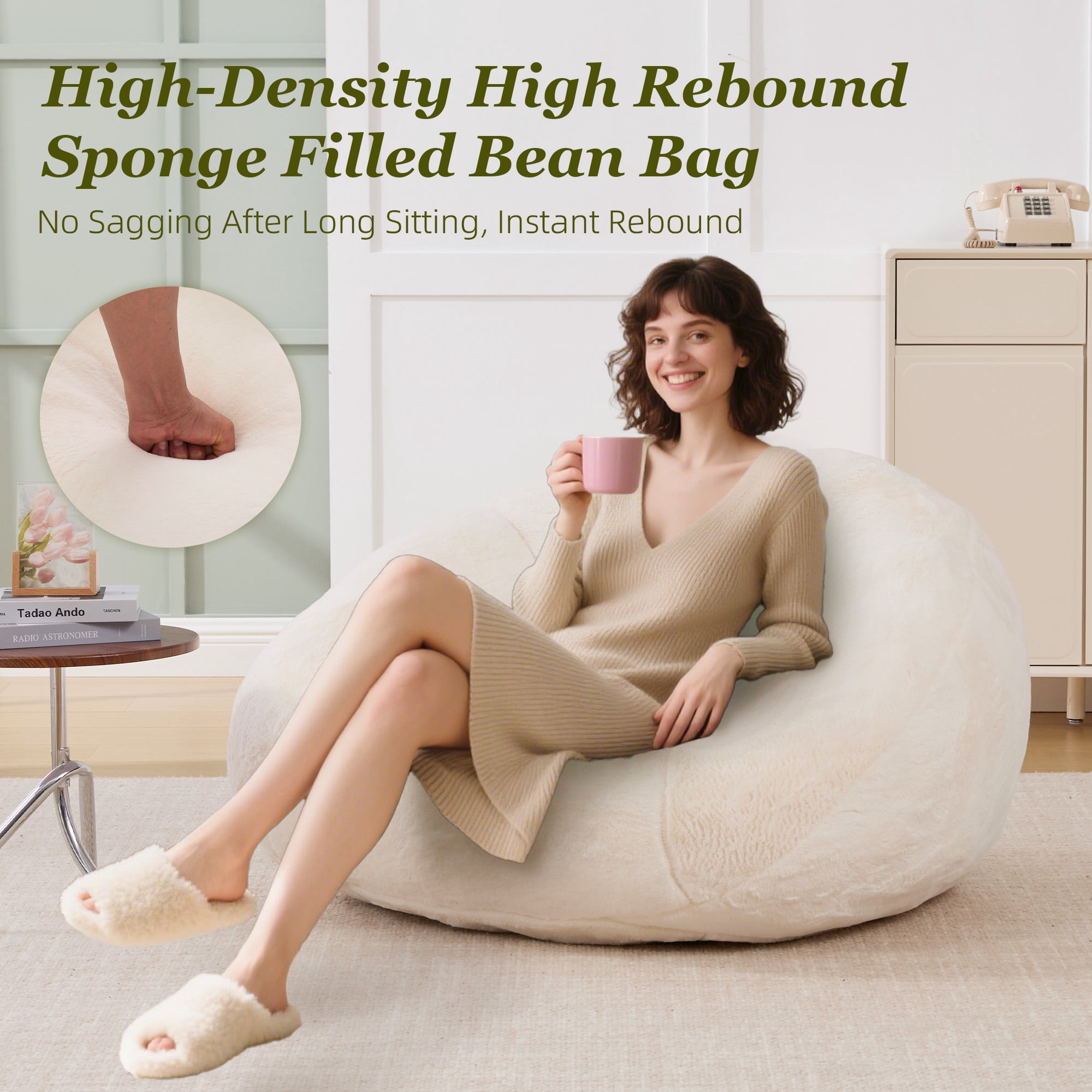MOONMISS Bean Bag Chair for Adults & Teen,Floral Shaped Memory Foam Deep Sink-in Breathable Faux Fur Bean Bag Sofa,Easy to Clean for Living Room & Dorm,Beige