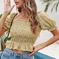 thumbnail image 2 of Puntoco Women's Ruffle Peplum Smock Gingham Crop Top Square Neck Puff Short Sleeve Blouse Shirt Yellow 4(S), 2 of 8