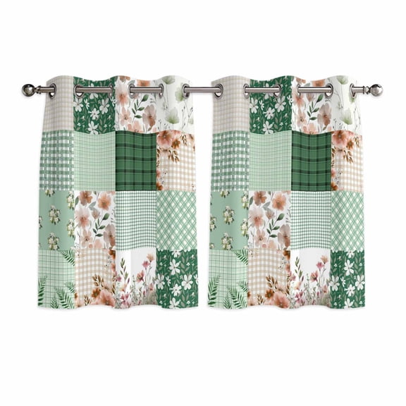 Boho Spring Floral Kitchen Curtains Window Panels, Retro Flowers Plants Patchwork Grid Green Insulated Window Treatment Curtain, Grommet Curtains for Bedroom/Living Room/Bathroom, 2 Piece 52"Wx45"L