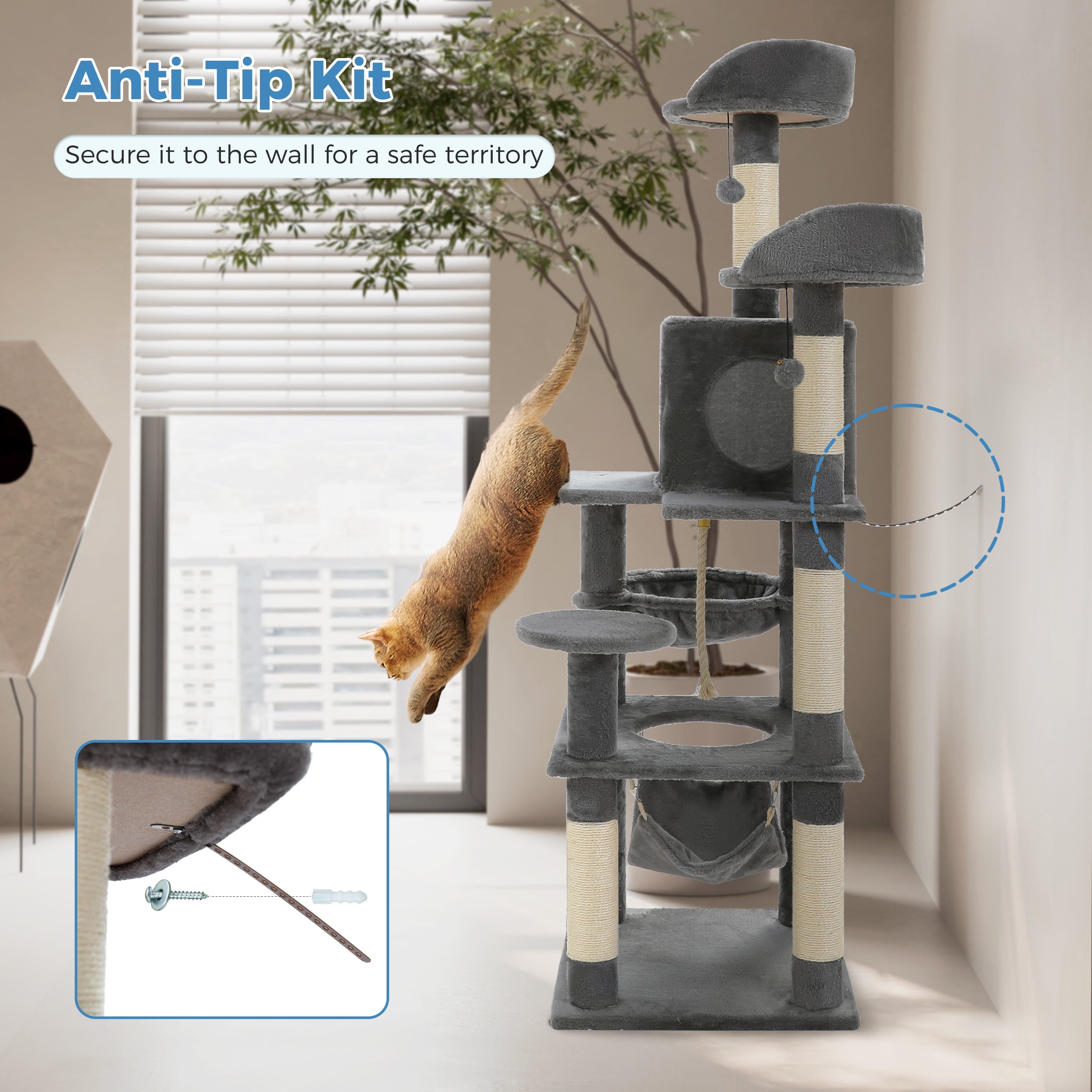Vibrant Life 60inch Multi-Level Cat Tree with Condo Scratching Post and Hammock,Gray
