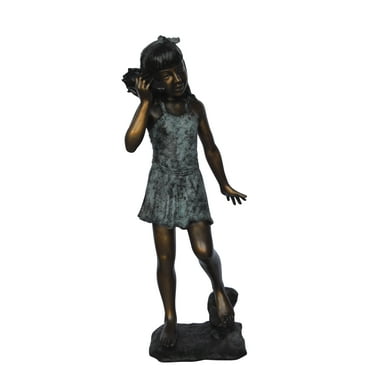 Standing Girl Listening to a Shell Bronze Statue -  Size: 16"L x 12"W x 37"H.