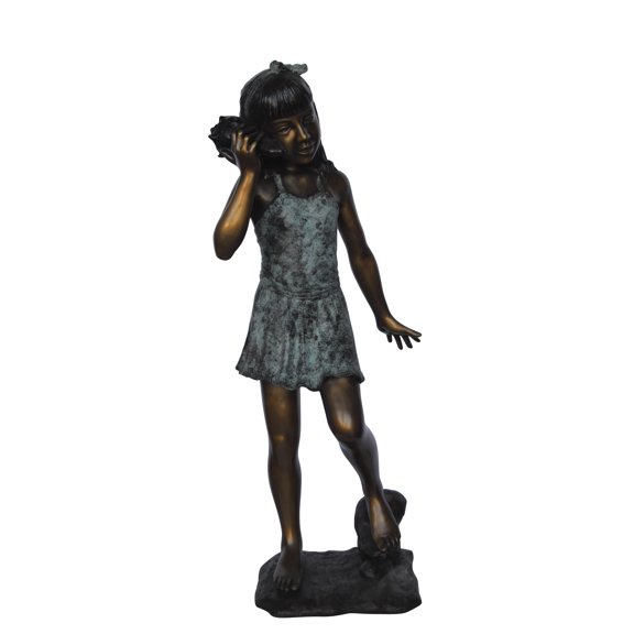 Nifao Standing Girl Listening to a Shell Bronze Statue – Home Office Decor Sculpture, 16"L x 12"W x 37"H