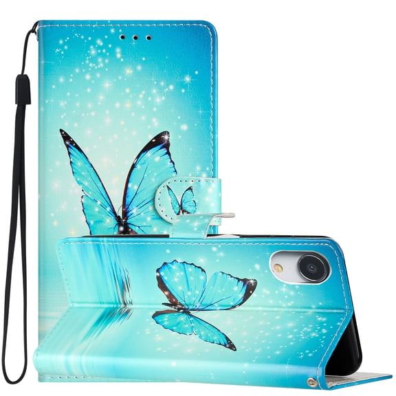 Nalacover Wallet Case for iPhone XR with Painting Pattern PU Leather Magnetic Kickstand Flip Folio Cover, Card Slots Holder Soft Silicone Shockproof Protective Case, Blue Butterfly