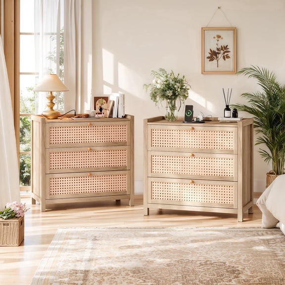 HUJAUU Nightstand Set of 2 with 3 Drawers & Charging Station, Wood  Rattan Night Stand, Boho Bedside End Tables for Bedroom, Closet, Natural Oak