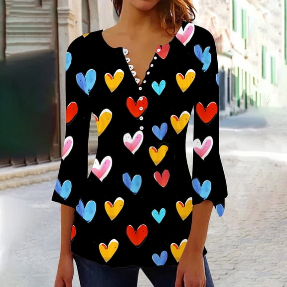 Valentines Day Blouses, Womens 3/4 Sleeve Tops, Heart Print Shirt Women Valentine's Day Love Printed Casual Round-Neck Loose T-Shirt Blouse Tunic Tops