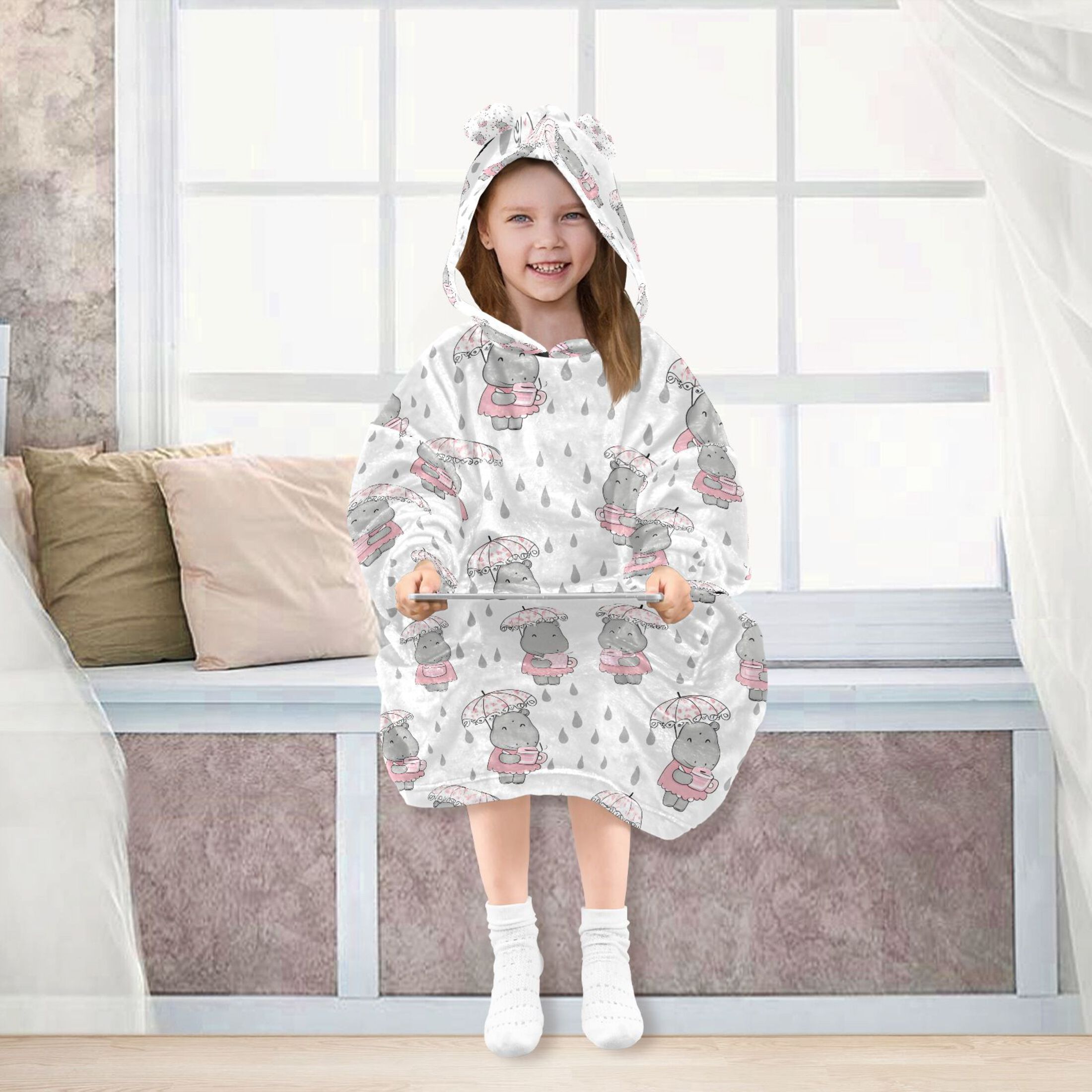 joogoo Blanket Hoodie for Cartoon Hippo in Rain Oversize Sweatshirt 3-14 YR L
