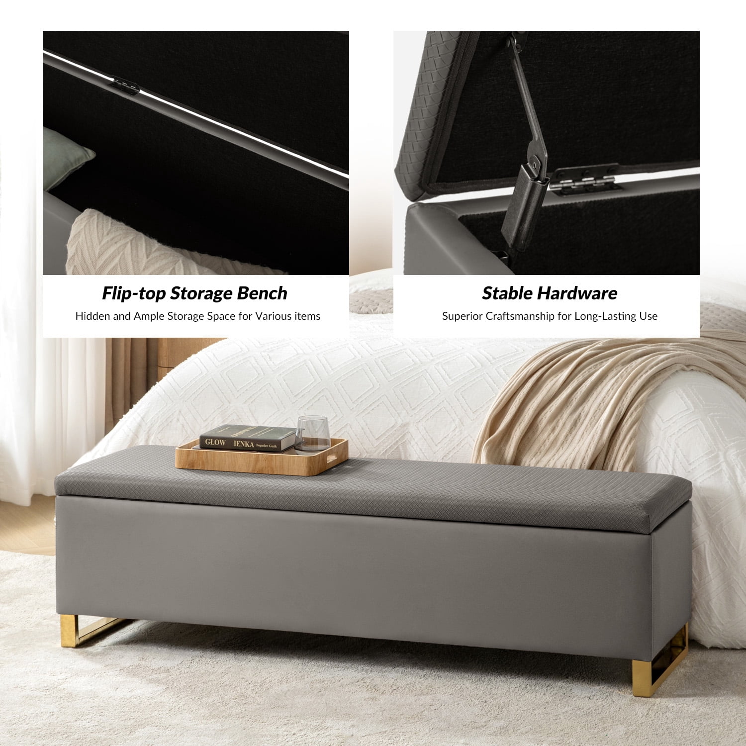 Tina's Home Storage Bench with 2 Nesting Ottomans,  Upholstered Entryway Bench with Stainless Steel Legs Modern Seating for Living Room, Bedroom  Grey