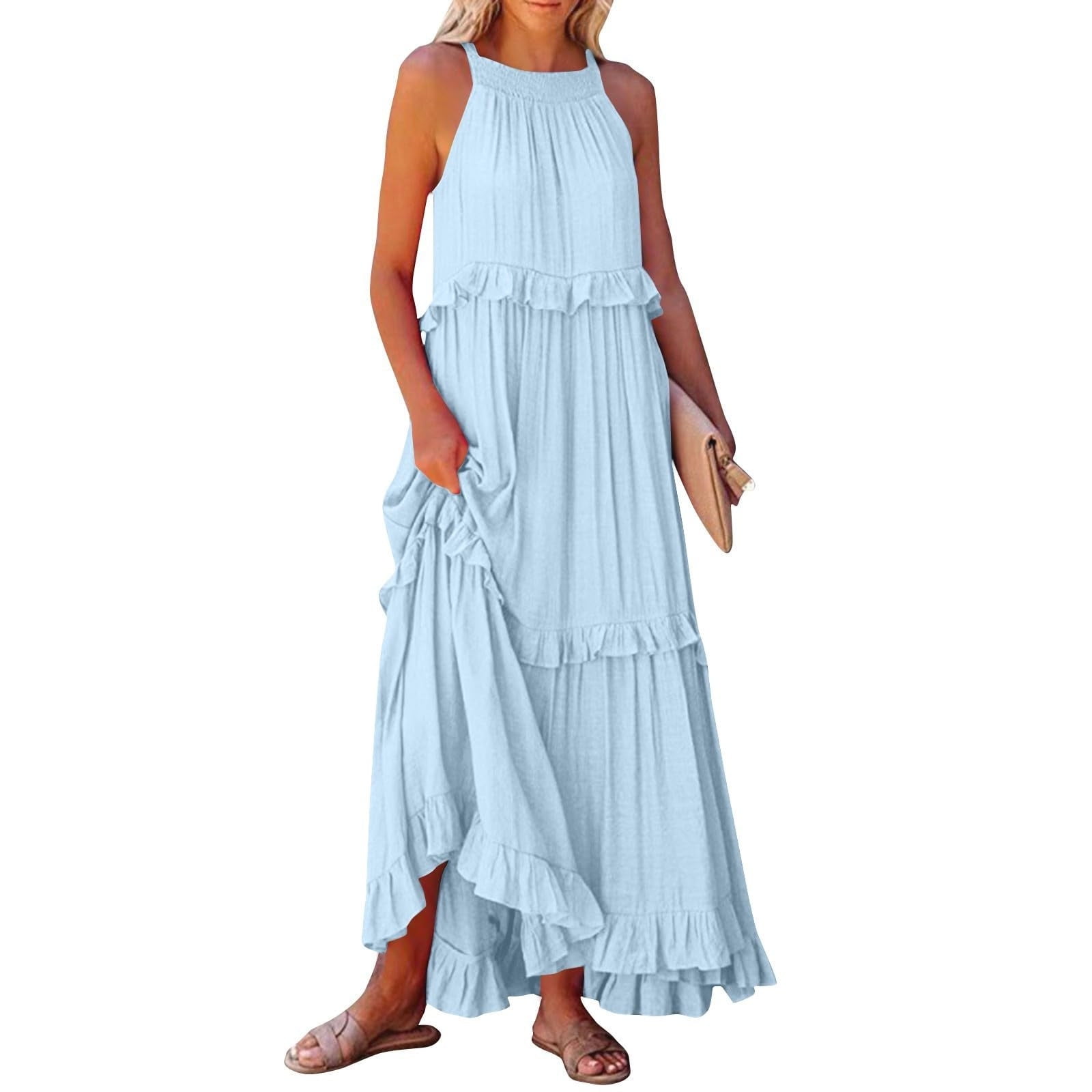 LVHAOGJOB Summer Midi Dress for Women Strap Causal Sleeveless Dress with Pockets Elegant Loose Mujers Sundress V Neck