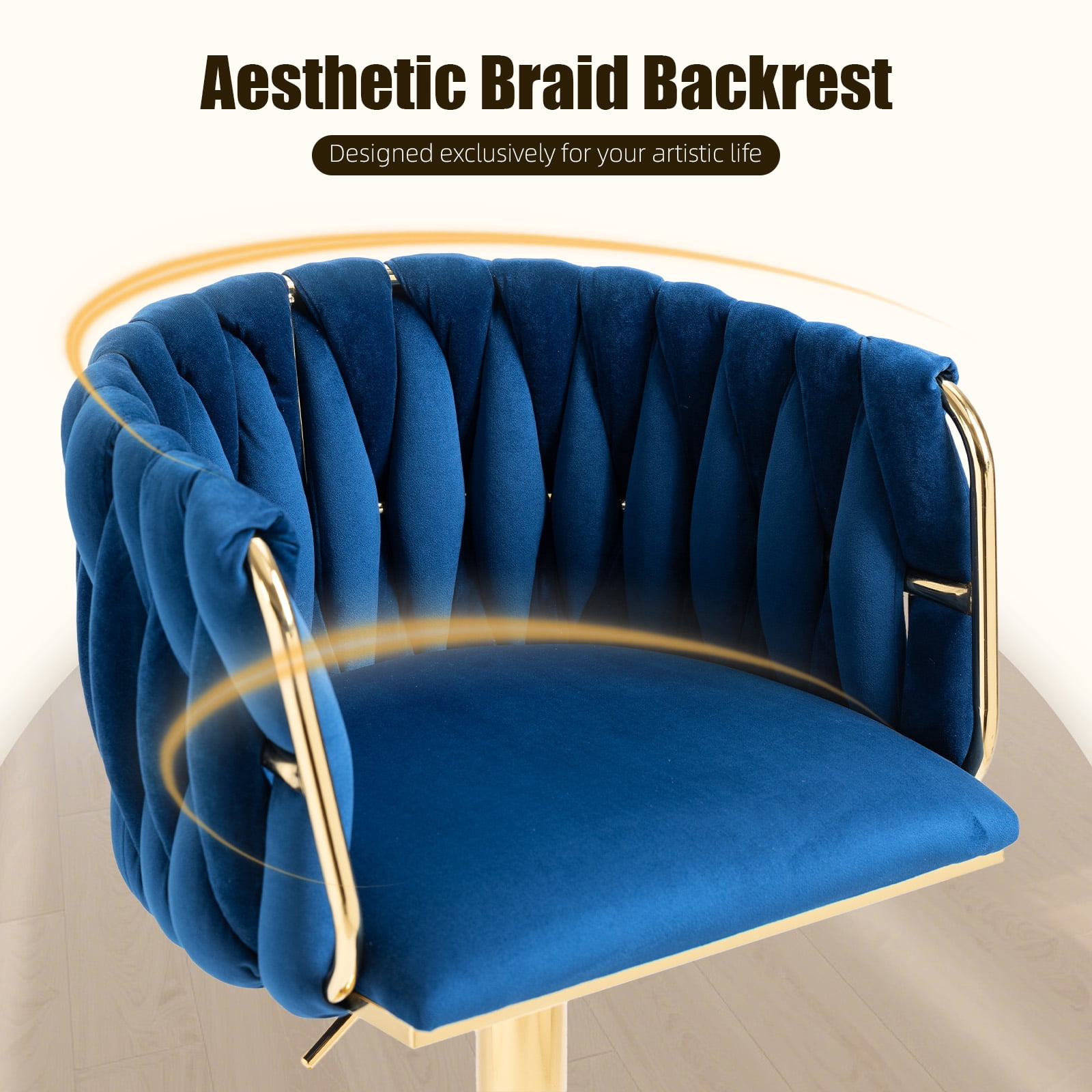Villeston 360°Swivel Bar Stools Velvet Upholstered Adjustable Bar Chairs Set of 2 with Back & Footrest for Home and Kitchen,Navy Blue