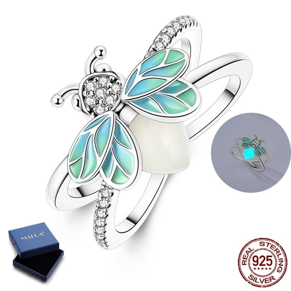 MULA 925 Sterling Silver Luminous Firefly Ring for Women, Dainty Glowing Bug Ring, Best Friend Birthday & Valentine's Day Gift