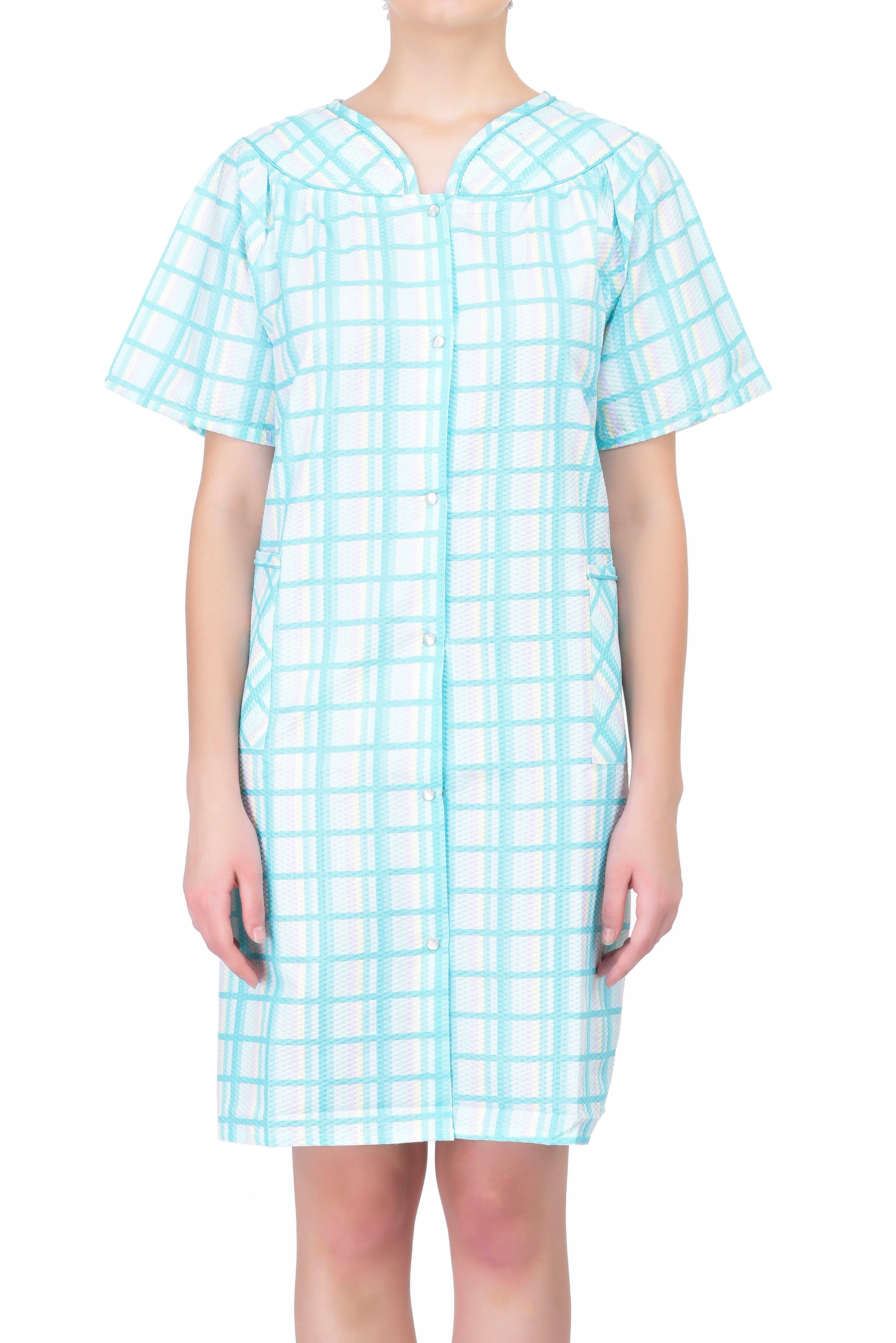 EZI Women's Short Sleeve SnapFront Plaid Seersucker Cotton House