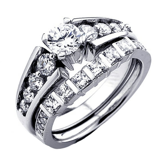Dazzlingrock Collection 1.50 Carat (ctw) 10K Princess & Round Diamond Bridal Engagement Set 1 1/2 CT, White Gold, Size 8