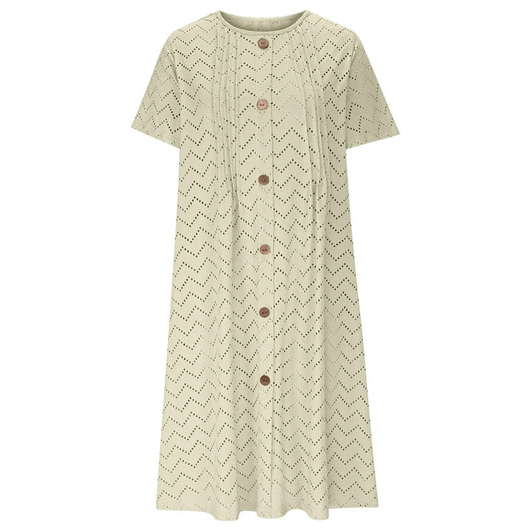 ITSAME Women's Midi Dress, Round Neck Short Sleeve Comfy Causal Summer  Flare Fit Dresses Beige L