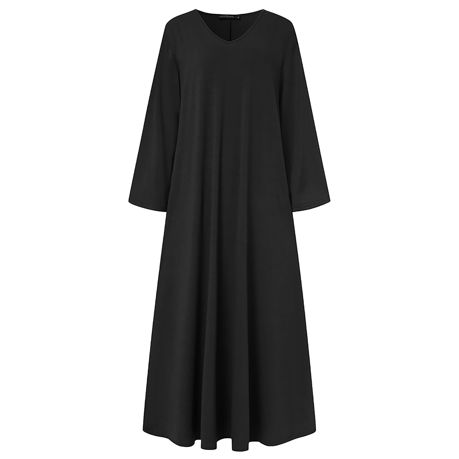 JGGSPWM Women's Long Sleeve Cotton Maxi Dress V Neck Side Pockets Casual Plus Size Daily Vacation Dresses Black 2XL