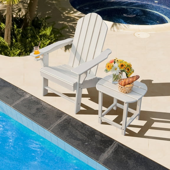 Costway 2PCS Patio Adirondack Chair Side Table Set Weather Resistant Cup Holder White