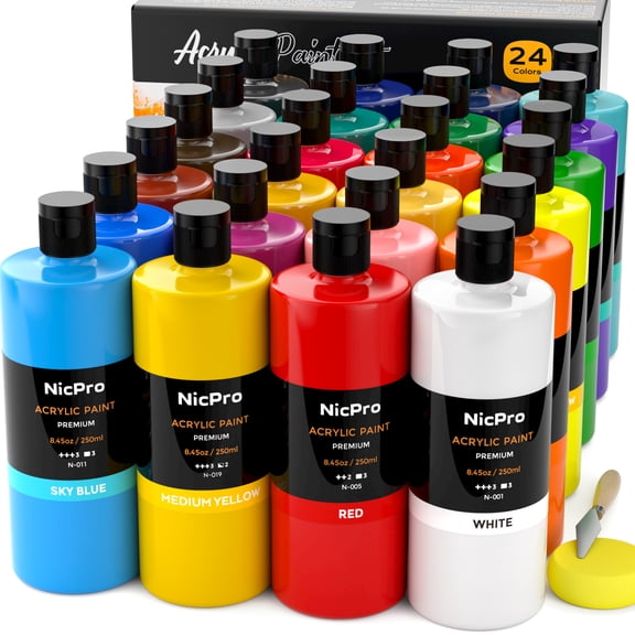 Nicpro 24 Colors Large Bulk Acrylic Paint Set (8.45 oz, 250 ml) Non Toxic Artist Painting Supplies for Multi Surface Canvas, Wood, Fabric Leather, Rock, Glass, Paper, Crafts, Hobby with Color Wheel