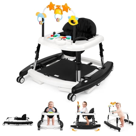 5-in-1 Foldable Baby Walker with Music & Lights - Adjustable Height Wheels & Bouncer Portable Toddler Walker for Baby Boys 6-18 Months Black