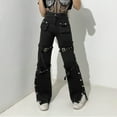 thumbnail image 3 of Pantalones cargo punk de pierna ancha y recta para mujer - Ropa gótica urbana, bolsillos, 3 of 7