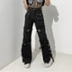 thumbnail image 3 of Pantalones cargo punk de pierna ancha y recta para mujer - Ropa gótica urbana, bolsillos, 3 of 7
