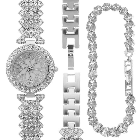 Raindrops Silver Rhinestone Inlaid Luxury Watch and Bracelet Set for Women Perfect for Decoration and Gifting