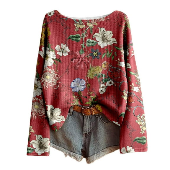Vintage Floral Print Long Sleeve T Shirts Women Casual Crew Neck Pullover Tops Fall Loose Tees 2025
