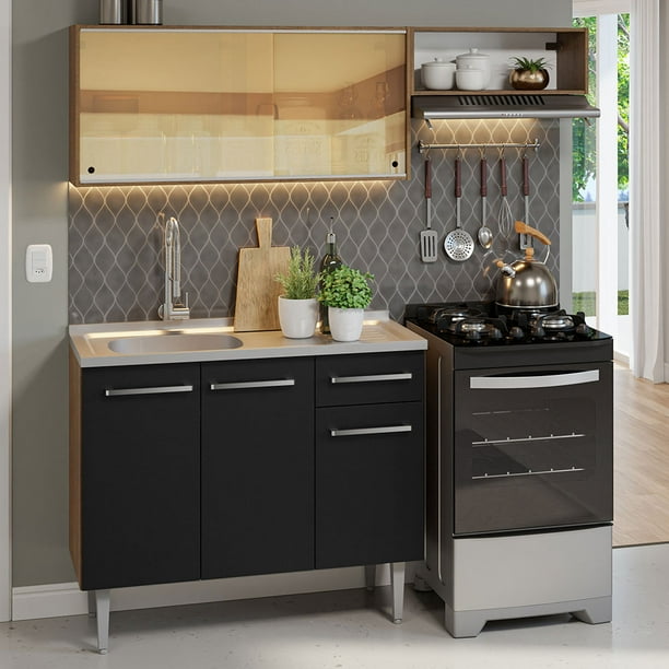 Madesa Gabinete de Cocina Integral Compacta 165 cm con Fregadero Emilly Rustic/Negro 06