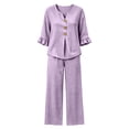 thumbnail image 7 of Gingham 2 Piece Set for Women Ruffle 3/4 Sleeve Notch Neck Top and Wide Leg Pants with Pockets Purple S, 7 of 7