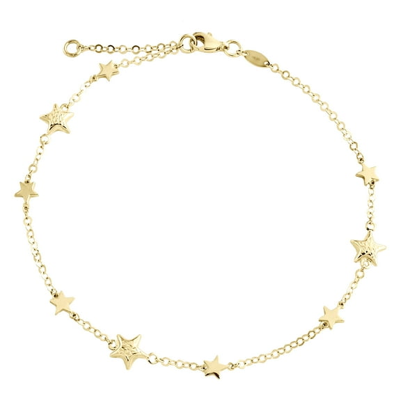 14K Yellow Gold Fancy Link Chain Statement 8mm Puff Star Charm Anklet 9" 1" Ext.