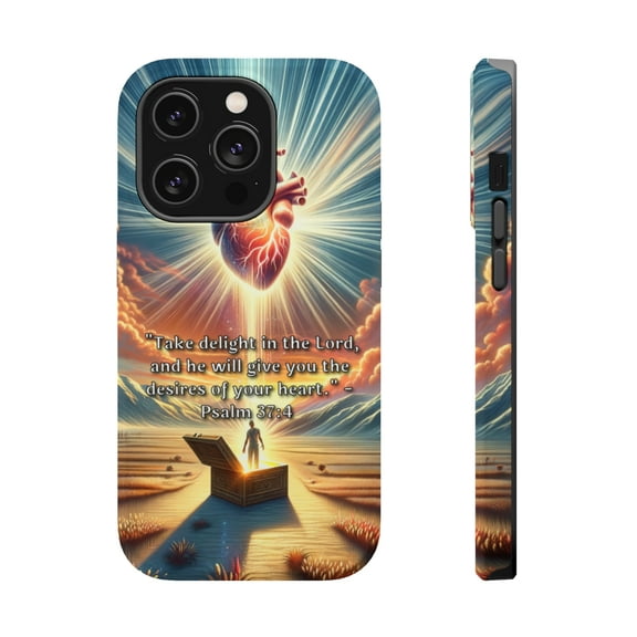 DistinctInk Tough Case for Apple iPhone 15 Pro MAX (6.7" Screen), Compatible with MagSafe Charging - "Delight in the Lord: Psalm 37:4 - Your Heart's Desires"