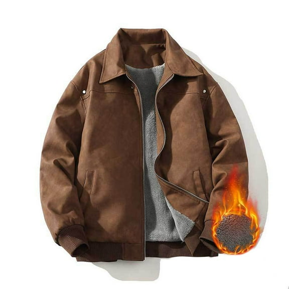 M-5X Big & Tall Leather Jackets for Men Plus Size Zip Up Fleece Lined Coats Mens Trendy Solid Color Long Sleeve Collared Thermal Jacket with Pocket